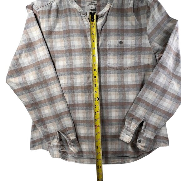 LL Bean Womens Small Plaid Flannel Button Up Shirt Band Collar Soft Beige Brown - Picture 10 of 12